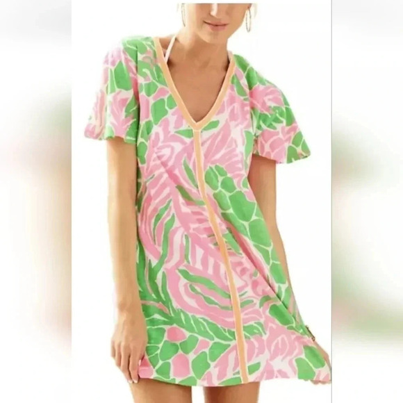 LILLY PULITZER TIKI PINK GREEN WHITE SNEAKY TIKI BONITA COVER UP TUNIC DRESS XXS - Picture 4 of 4
